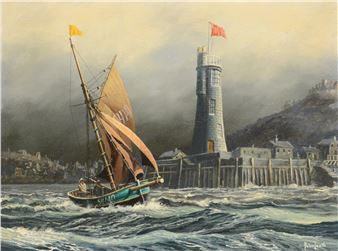 A maritime scene featuring a sailing vessel navigating choppy waters near a lighthouse.