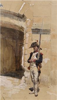 A watercolor portrait of a soldier in historical uniform standing guard near a stone archway.