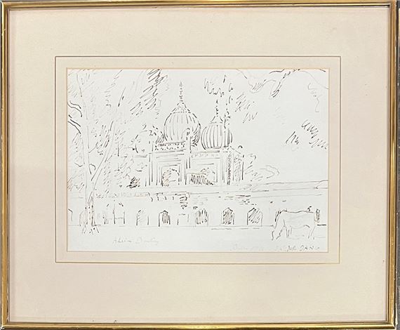 A monochrome sketch of a domed building with a cow in the foreground.