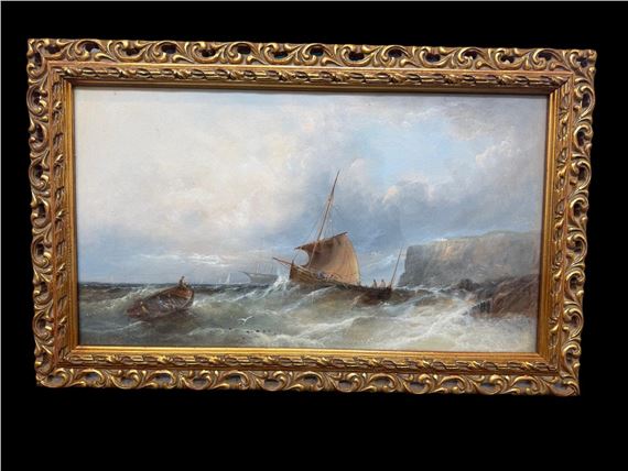 A seascape painting of a ship battling rough waves near rocky cliffs.