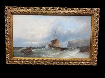 A seascape painting of a ship battling rough waves near rocky cliffs.