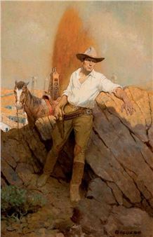 A lone cowboy figure leans against a rocky outcrop, gazing toward the viewer with a horse nearby and industrial structures in the distance.