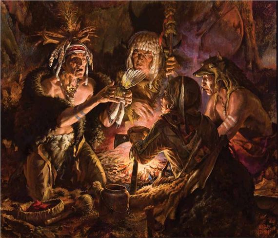 A dramatic, dimly lit painting of four figures in a cave-like setting gathered around a fire.