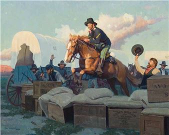 A dramatic scene of a mounted officer arriving at a military supply depot.