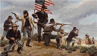 A dramatic historical battle scene featuring a group of soldiers in the foreground with an American flag waving behind them.