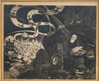 A dark, monochromatic etching depicting a chaotic scene with a bearded figure, a lion, and swirling planes above a burning city.