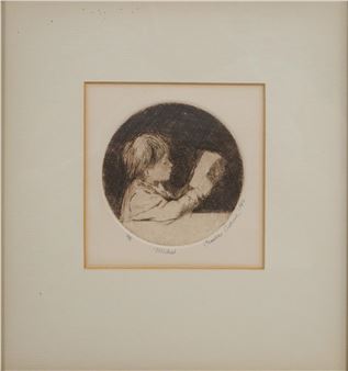 A monochromatic etching of a figure reading in a dark circle.