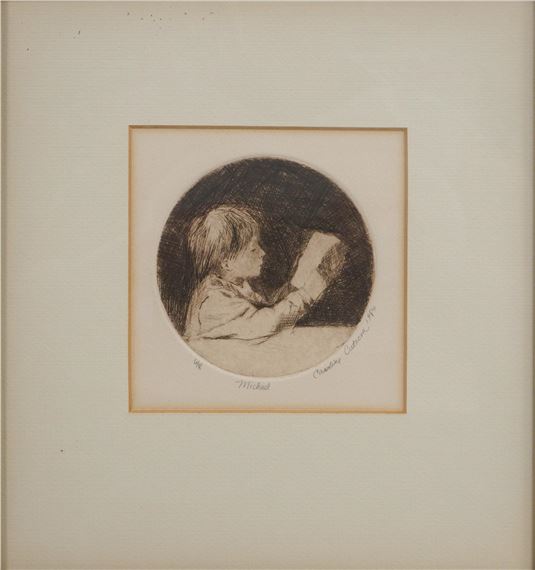 A monochromatic etching of a figure reading in a dark circle.