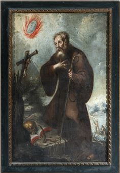 A solemn religious portrait of a bearded figure in dark robes holding a staff, set against a dramatic cloudy sky.