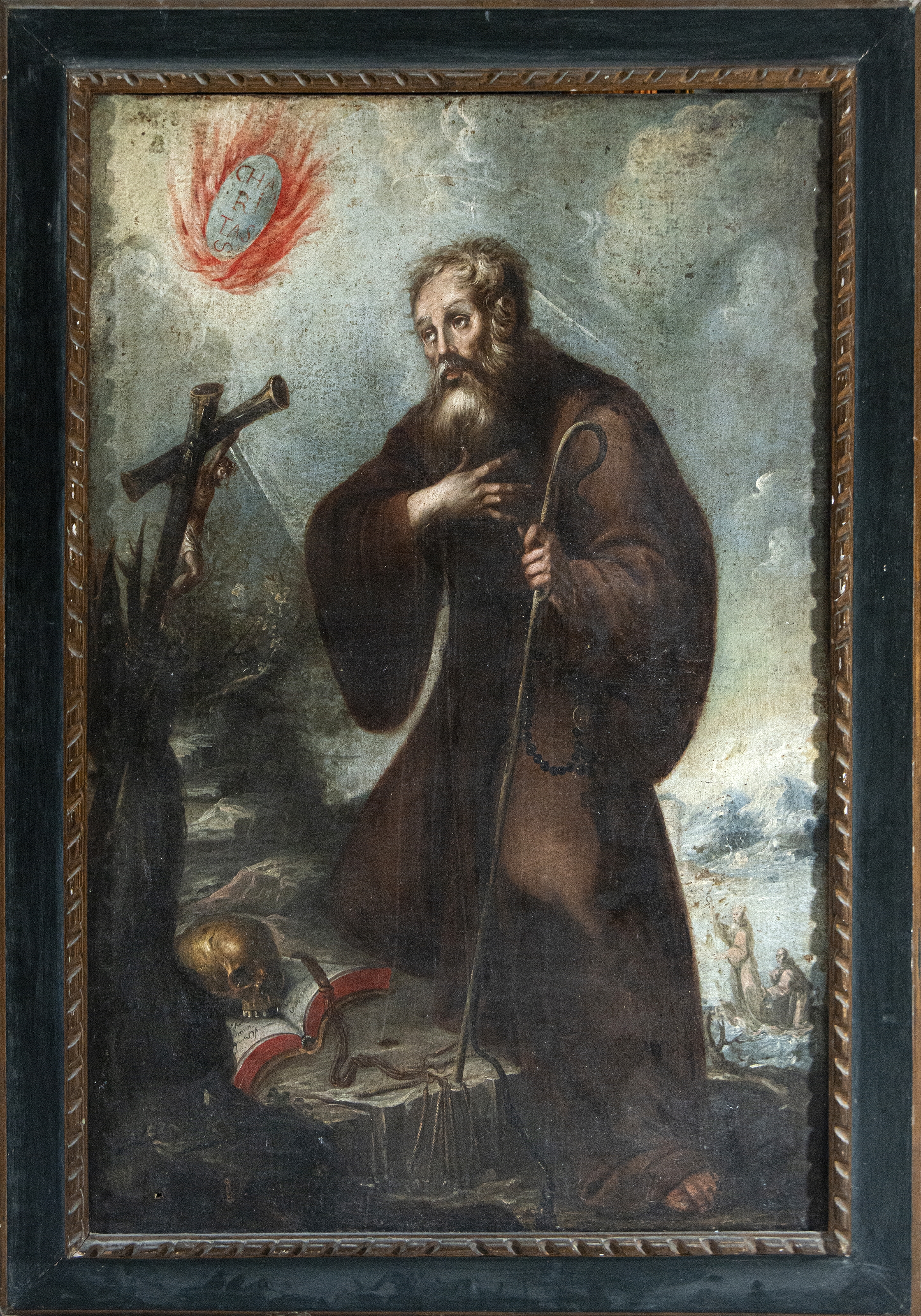 A solemn religious portrait of a bearded figure in dark robes holding a staff, set against a dramatic cloudy sky.