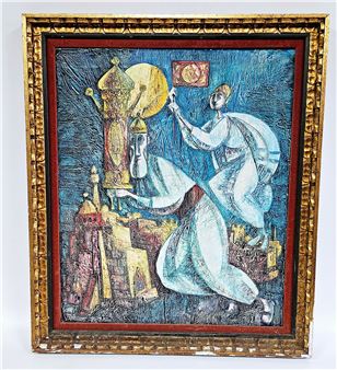 Original painting of a rabbinical figure holding a Torah over Jerusalem - Yossi Stern