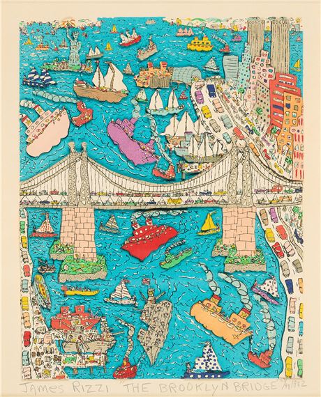 A vibrant, collage-style map of a coastal city featuring a large suspension bridge and numerous boats.