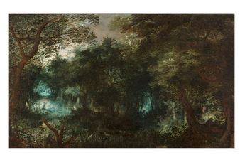 Forest landscape with clearings, hunters and dogs - David Vinckboons