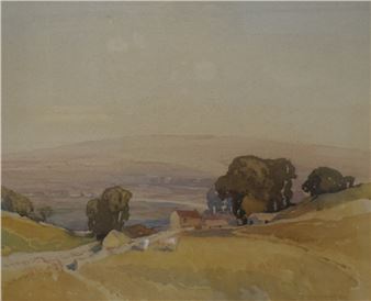 A hazy landscape painting of a hillside village under a muted sky.