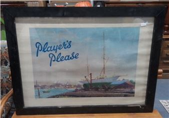 "A framed vintage-style print featuring a harbor scene with a large sailing ship and the text 'Player's Please'."