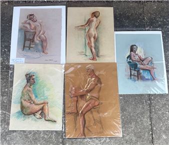 A collection of five pastel drawings depicting nude figures in various poses.