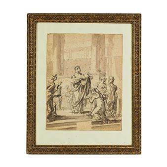 A classical sketch of a dramatic biblical scene featuring a central figure surrounded by others in an architectural setting.