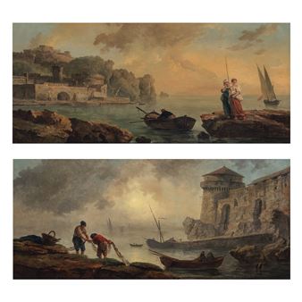 Pêcheurs ramassant leurs filets au soleil levant ; Deux femmes au bord de la côte au soleil couchant - Hubert Robert