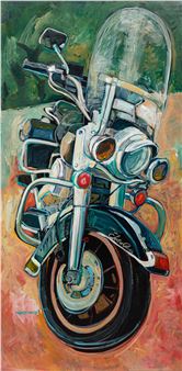 A vibrant oil painting of a motorcycle front end against a colorful abstract background.