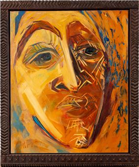 A bold, expressive portrait featuring a face rendered in warm yellows and oranges with sharp geometric lines.