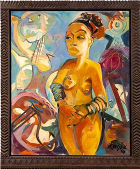 A vibrant, abstract portrait of a figure in yellow against a swirling, colorful background.