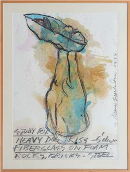 A watercolor study of a sculptural head resting on a bulbous form, annotated with material concepts.