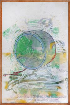 An abstract mixed-media study featuring a central green sphere surrounded by layered lines and splatters.