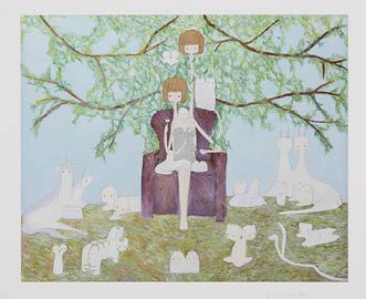 A whimsical illustration of a figure sitting in a chair under a tree, surrounded by numerous white cats.