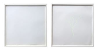 A minimalist diptych featuring two white-framed canvases, one blank and the other with a faint green line drawing.