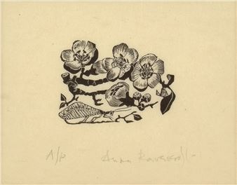 A monochromatic woodcut print of a flowering branch with detailed petals and leaves.