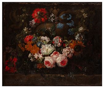 A richly detailed floral still life featuring a vibrant bouquet of flowers against a dark, textured background.