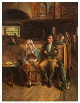 A dimly lit interior scene featuring a seated couple in period clothing, surrounded by other figures in the background.