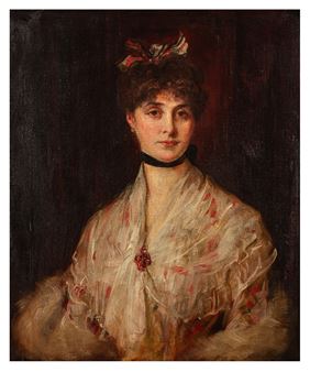 A formal portrait of a woman in Victorian attire against a dark background.