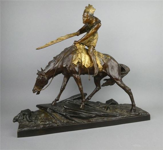 A dynamic bronze sculpture of a warrior on horseback, featuring gold leaf accents and a dramatic, action-filled pose.