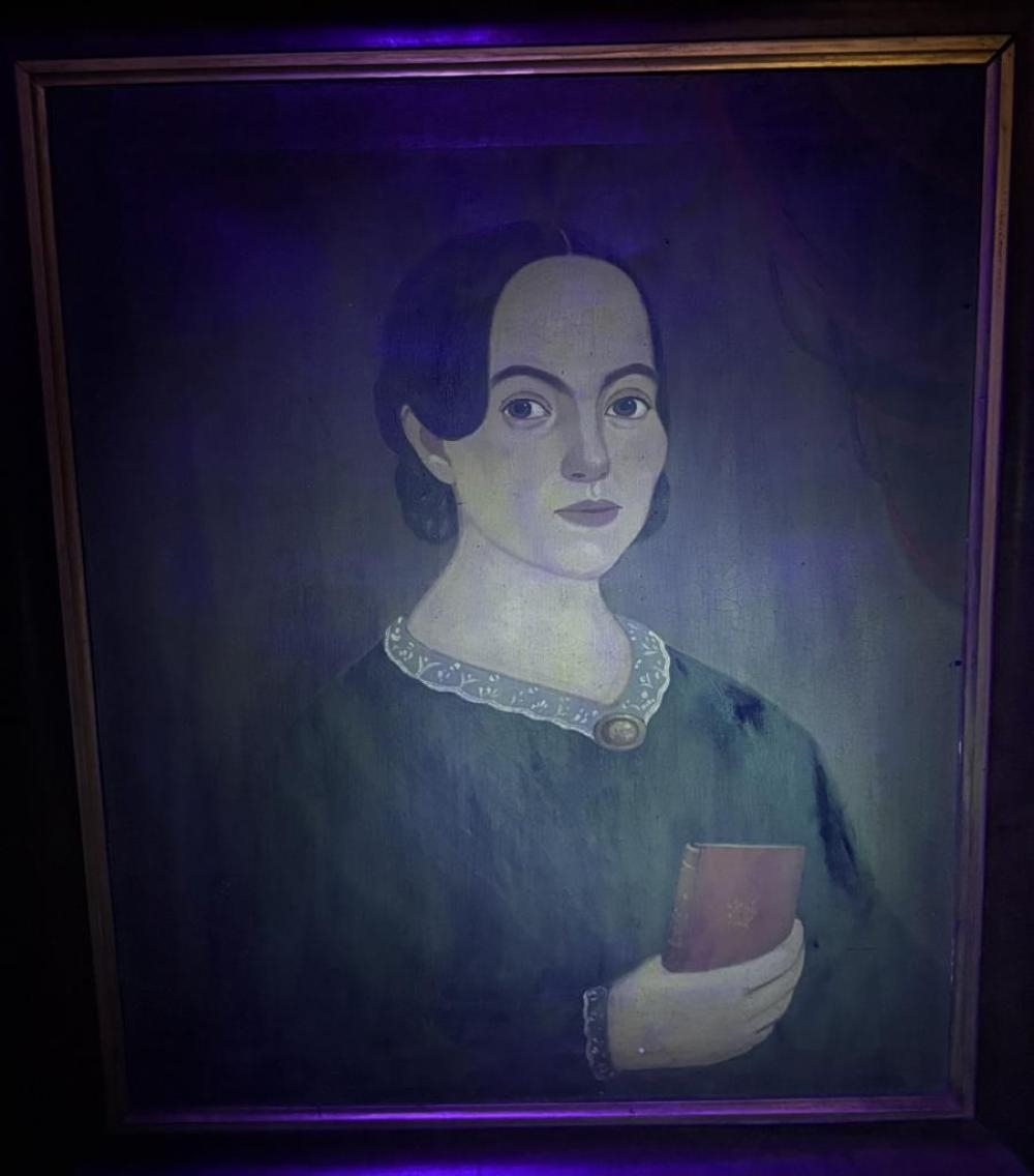 A diptych of formal portraits featuring a man in a bow tie and a woman holding a red book.
