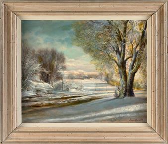 A serene winter landscape painting featuring snow-covered trees and a frozen river under a soft sky.