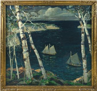 Birches overlooking sailboats in a cove