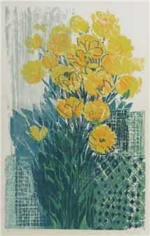 A vibrant print of yellow flowers in a vase with textured backgrounds.