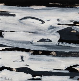 "A monochromatic abstract painting featuring layered brushstrokes and a mysterious face-like form."