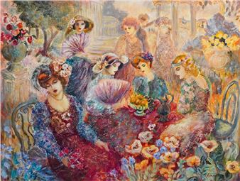 A vibrant Impressionist painting of women in a garden setting.