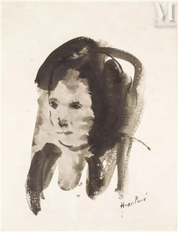 A monochromatic ink portrait of a figure with dark, flowing hair against a plain background.