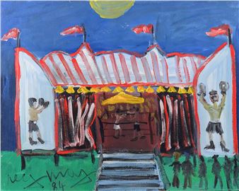 A vibrant circus tent scene with performers and an audience under a bright sun.