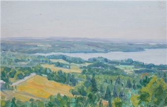 A landscape painting of a sunlit valley with a distant lake.