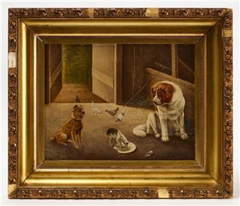 A realistic oil painting of two dogs in a rustic barn interior.