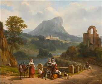 A pastoral landscape featuring a group of figures by a river with a large mountain and ruins in the background.
