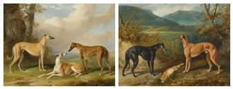 A diptych of greyhound dogs in a pastoral landscape.