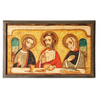 A religious panel depicting three figures at a table with halos and symbolic gestures.