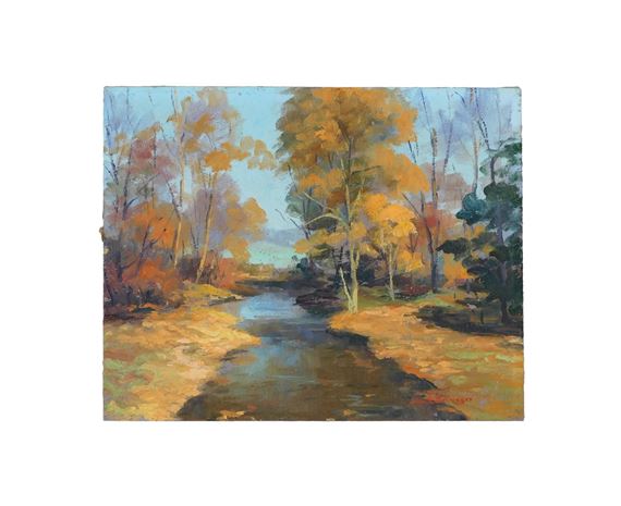 A serene landscape painting of a winding stream through an autumn forest.