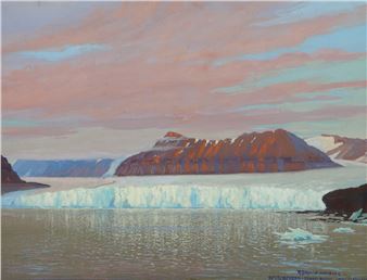 A serene landscape painting of a glacier and mountains under a soft, pastel sky.