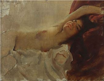 A reclining figure in a dreamy, impressionistic painting with soft lighting and muted earth tones.